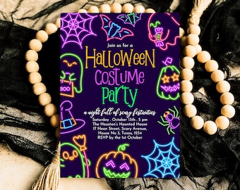 Editable Neon Halloween Costume Party Invitation, Spooky Halloween Party Invite, Neon Halloween Birthday Invite, Neon Invitation, PHBP07