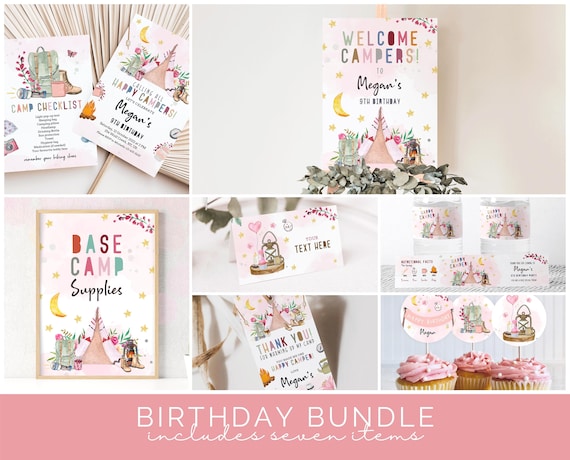 Editable Girl Camp Party Invitation Bundle Camp Out Birthday Bundle Outdoor Camping Girl Pink Camp Checklist Download Printable Template