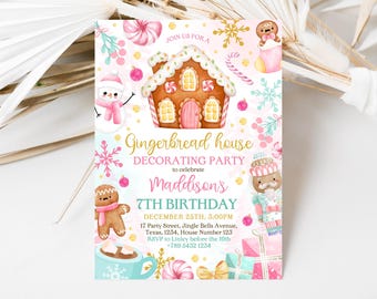 Editable Pink Gingerbread Birthday Invitation, Pink Christmas Birthday Invitation, Christmas Cookies Invitation, Girl Birthday Invite, CBC03