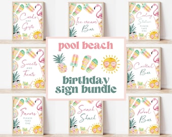 Editable Pool Party Sign Bundle, Girl Pool Birthday Party, Pastel Pool Poster Set, Summer Birthday, Swimming Party Signs, Printable, BPBP01