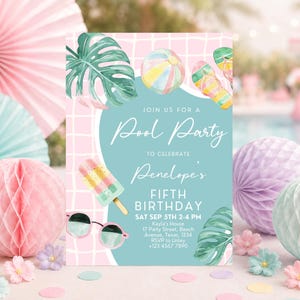 Editable Pool Party Invitation, Girl Pool Birthday Party, Pastel Invite, Summer Birthday Party, Swimming Party, Digital, Printable, BPBP01