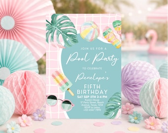 Editable Pool Party Invitation, Girl Pool Birthday Party, Pastel Invite, Summer Birthday Party, Swimming Party, Digital, Printable, BPBP01