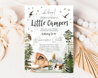 Editable Camping Baby Shower Invitation, Little Camper Baby Shower Invite, Camp Invitation, Woodland Little Camper Baby Shower Template