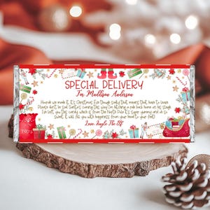 Embrulho de barra de chocolate com letras de elfo editável, modelo de embrulho de chocolate para véspera de Natal, presente de chocolate de Natal para impressão