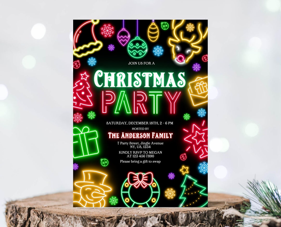 Editable Neon Christmas Party Invitation Template, Neon Christmas Party