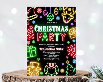 May include: A neon green, red, and yellow Christmas party invitation with a black background. The invitation features a neon sign that says "Join us for a Christmas Party". The invitation also includes a neon sign with the text "The Anderson Family" and details about the party, including the date, time, and location.
