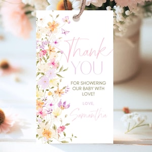 Editable Baby in Bloom Favor Tag, Wildflowers Baby Shower Favor Tag, Purple Pink Flower Tags, Wild Flower Tags, Floral Baby Brunch, GBS01