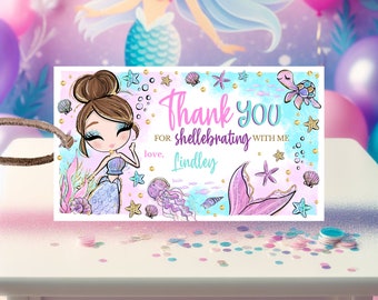 Etiqueta de regalo de cumpleaños de sirena editable, etiquetas de agradecimiento de cumpleaños de sirena, decoración de mesa de cumpleaños de sirena con brillantina, decoración de fiesta bajo el mar