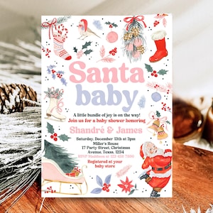 Editable Santa Baby Shower Invitation, Christmas Red And Pink Invite, Girl Winter Baby Shower Invitation, Retro Christmas Baby Shower, CBS02