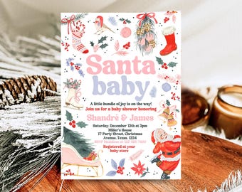 May include: A white baby shower invitation with a pink and blue Santa baby theme. The invitation features a watercolor illustration of Santa Claus, a sleigh, and other Christmas decorations. The text on the invitation reads "Santa baby" and includes the names "Shandré & James", the date and time of the shower, and the address.
