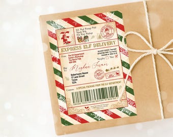 Elf Express Delivery Label Christmas Gift Tag From Santa’s Helper North Pole Sticker Editable Holiday Gift Label Digital Download CH01
