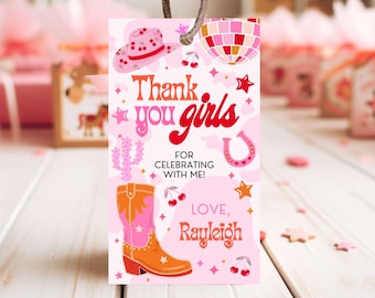 Editable Retro Cowgirl Birthday Favor Tag, Pink Disco Cowgirl Thank You Tag, Girl Rodeo Birthday Favors, Pink Rodeo Party Decorations DCBP01