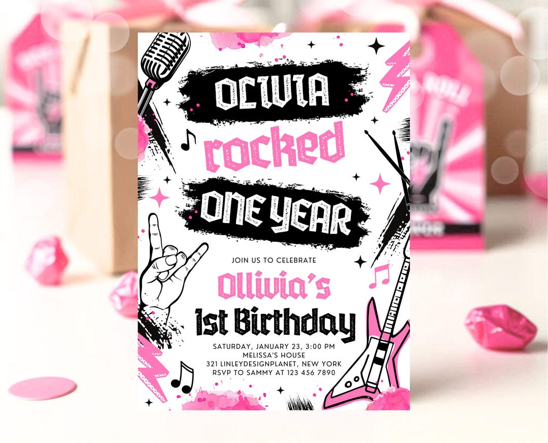 Editable Rock and Roll Birthday Invitation: Pink Punk Theme (5x7 Inch ...