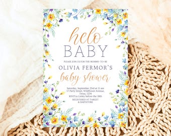 Blue Wildflower Baby Shower Invitation: Editable Boy Invite (5x7 inch)
