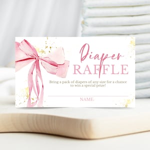Pink Bow Baby Shower Diaper Raffle Ticket, Minimalist Baby Shower Pink Watercolor, Pink Ribbon Diaper Game, Blush Pink And Gold Baby Shower