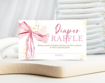 Rosa Schleife-Babyparty-Windel-Verlosung, Minimalistisches Babyparty-Rosa-Aquarell, rosa Band-Windelspiel, Blush-Rosa und Gold-Babyparty