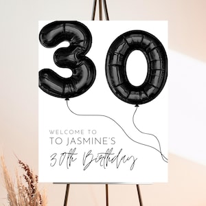 Editable 30th Birthday Welcome Sign: Black Balloon Design (Digital Download)