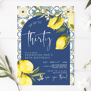 Mediterranean Lemon Birthday Invitation: Blue Tile Italy Theme (Printable Template, 5x7 inch, Digital Download)