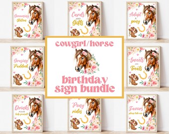 May include: A set of 8 printable signs for a cowgirl or horse themed birthday party. The signs feature a pink and gold color scheme with floral accents and a horse illustration. The signs include: Grooming Station, Grazing Paddock, Drinks, Pony Rides, Adopt a Pony, Sweets and Treats, Favors, and Cards and Gifts.