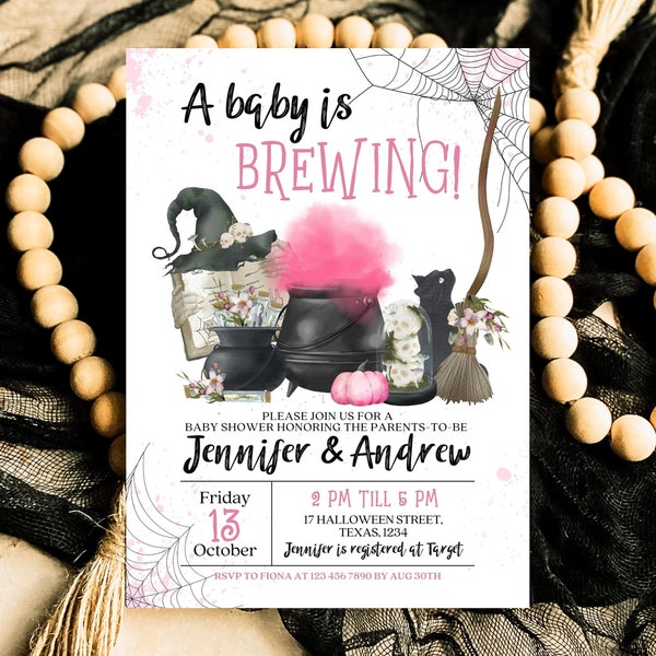 Editable Pink "A Baby Is Brewing" Shower Invitation Template, Pink Witch Baby Shower Invitation, A Baby Girl Is Brewing Invitation Evite