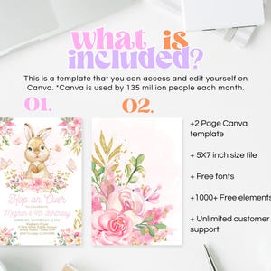 Peut inclure: Un mod&egrave;le d'invitation num&eacute;rique imprimable pour un 4&egrave;me anniversaire. L'invitation repr&eacute;sente un adorable lapin avec des fleurs roses et des papillons. Le texte sur l'invitation dit "Hop on Over to Celebrate Meghan's 4th Birthday".