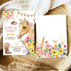 Editable Floral Horse Birthday Invitation Template, Girl Saddle Up Invite, Cowgirl Party Horse Invite, Pink Floral Farm Birthday Invitation image 2