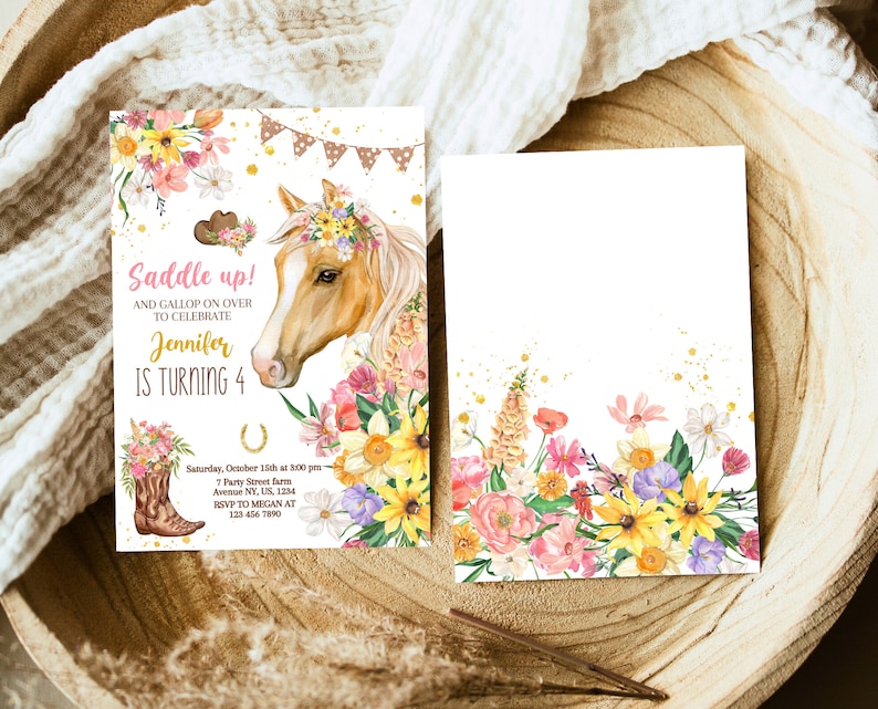 Editable Floral Horse Birthday Invitation Template, Girl Saddle Up Invite, Cowgirl Party Horse Invite, Pink Floral Farm Birthday Invitation image 2