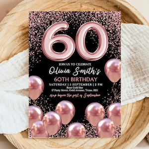 Editable 60th Birthday Invitation, Mobile 60th Birthday Invite, Rose Gold 60th Birthday Decor, 60th Balloon Invite, Instant Download