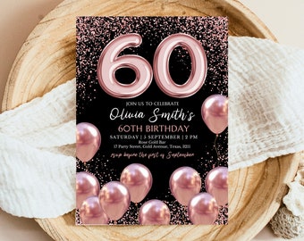 Bearbeitbare 60. Geburtstagseinladung, Mobile 60. Geburtstag einladen, Rose Gold 60. Geburtstag Dekor, 60. Ballon einladen, Sofort Download