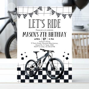 May include: Black and white birthday party invitation with a checkered background. The invitation says "Let's Ride" and "Mason's 7th Birthday". There is a black and white mountain bike in the center of the invitation.