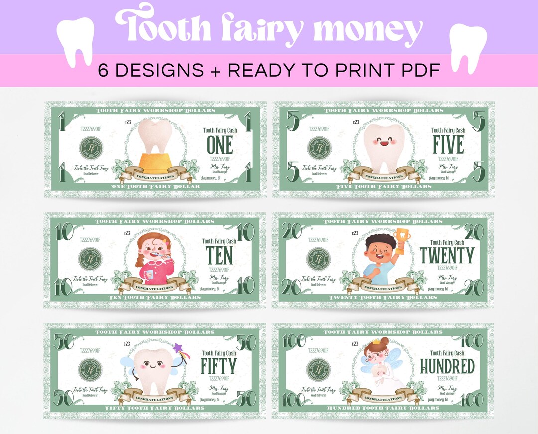Printable Tooth Fairy Play Dollars, Kids Tooth Fairy Play Money, Tooth ...