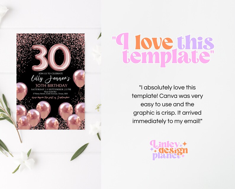 Rose Gold 30th Birthday Invitation: Mobile Balloon Design (digital ...