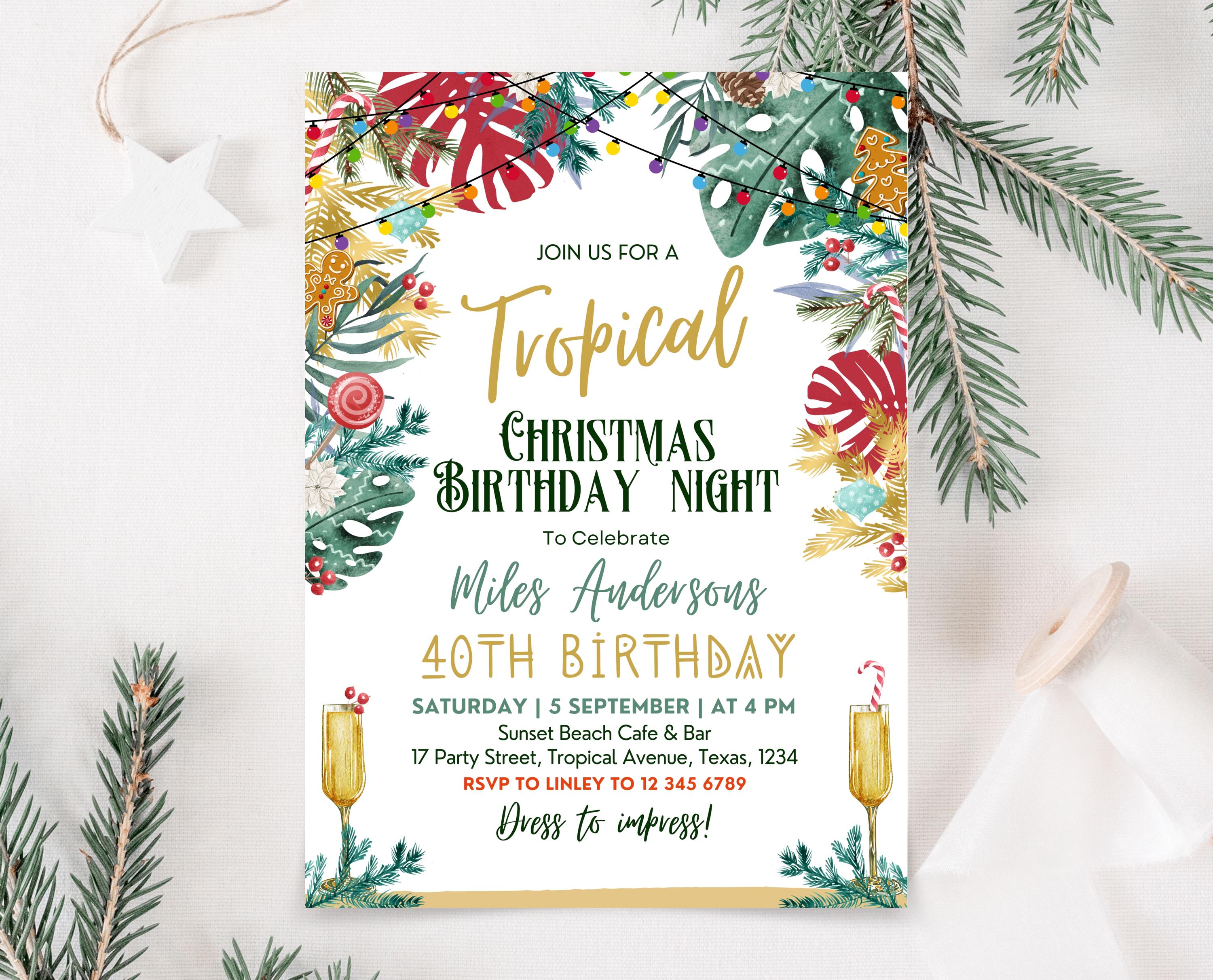 Editable Christmas Tropical Birthday Invitation, Tropical Christmas Party Invitation, Christmas In July Party Invitation, Havana Christmas