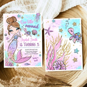 May include: A pink and blue mermaid birthday invitation with a cartoon mermaid, seashells, and a turtle. The text reads "Our little mermaid Jezebel Smith is turning 5. Join us under the sea to celebrate."