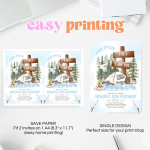 May include: Two printable invitations for a camp out themed birthday party. The invitations feature a blue background with a watercolor illustration of a campsite with a tent, trees, and a sign that says "For a Camp Out". The text "Jackson's 10th Birthday" is printed in black at the bottom of the invitation.