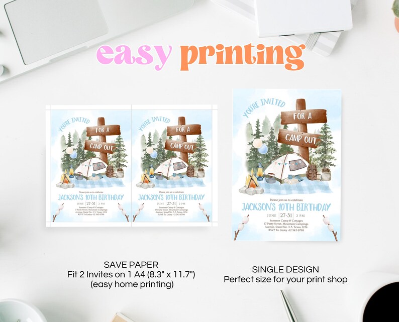 May include: Two printable invitations for a camp out themed birthday party. The invitations feature a blue background with a watercolor illustration of a campsite with a tent, trees, and a sign that says "For a Camp Out". The text "Jackson's 10th Birthday" is printed in black at the bottom of the invitation.