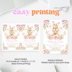 Peut inclure: Deux invitations imprimables pour une f&ecirc;te de 4e anniversaire avec une illustration aquarelle d'un lapin avec des fleurs roses et des papillons. Le texte sur l'invitation est "Hop on Over to Celebrate Meghan's 4th Birthday".