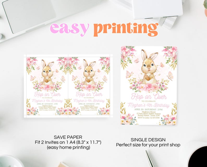 Peut inclure: Deux invitations imprimables pour une f&ecirc;te de 4e anniversaire avec une illustration aquarelle d'un lapin avec des fleurs roses et des papillons. Le texte sur l'invitation est "Hop on Over to Celebrate Meghan's 4th Birthday".