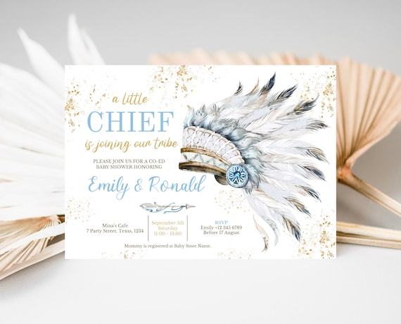 Editable Tribal Baby Shower Invitation Little Chief Theme Blue