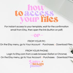 Op de afbeelding: Een witte achtergrond met roze en oranje tekst die "how to access your files" luidt. De tekst legt uit hoe je toegang krijgt tot digitale bestanden die je op Etsy hebt gekocht vanaf een computer of telefoon.