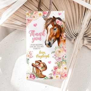 Editable Cowgirl Birthday Favor Tag, Horse Birthday Gift Tag, Floral Cowgirl Horse Party Tags, Horse Birthday Thank You Tag