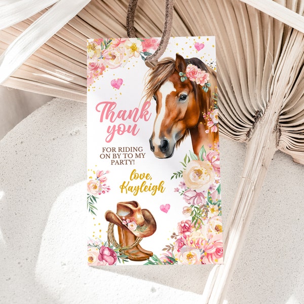 Editable Cowgirl Birthday Favor Tag, Horse Birthday Gift Tag, Floral Cowgirl Horse Party Tags, Horse Birthday Thank You Tag