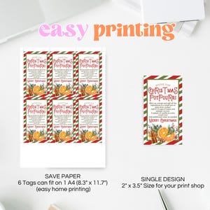 May include: Six printable Christmas potpourri recipe tags with a red and green striped background, orange slices, cinnamon sticks, and cloves. The text reads "Stove Top Christmas Potpourri".  The tags are 2 inches by 3.5 inches and can be printed on a single sheet of A4 paper.