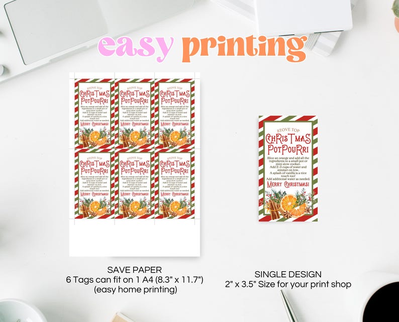 May include: Six printable Christmas potpourri recipe tags with a red and green striped background, orange slices, cinnamon sticks, and cloves. The text reads "Stove Top Christmas Potpourri".  The tags are 2 inches by 3.5 inches and can be printed on a single sheet of A4 paper.