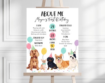 May include: A white printable first birthday sign with a dog theme. The sign includes the child's name, age, weight, height, favorite foods, favorite toys, and things they can do. The sign is decorated with colorful balloons and dogs.