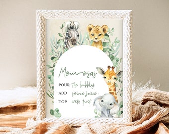Mom-osa Sign A Little Wild One Safari Baby Shower, Boy Safari Jungle Baby Shower Mimosa Sign, Greenery Safari, Animals Baby Shower, SGBS01
