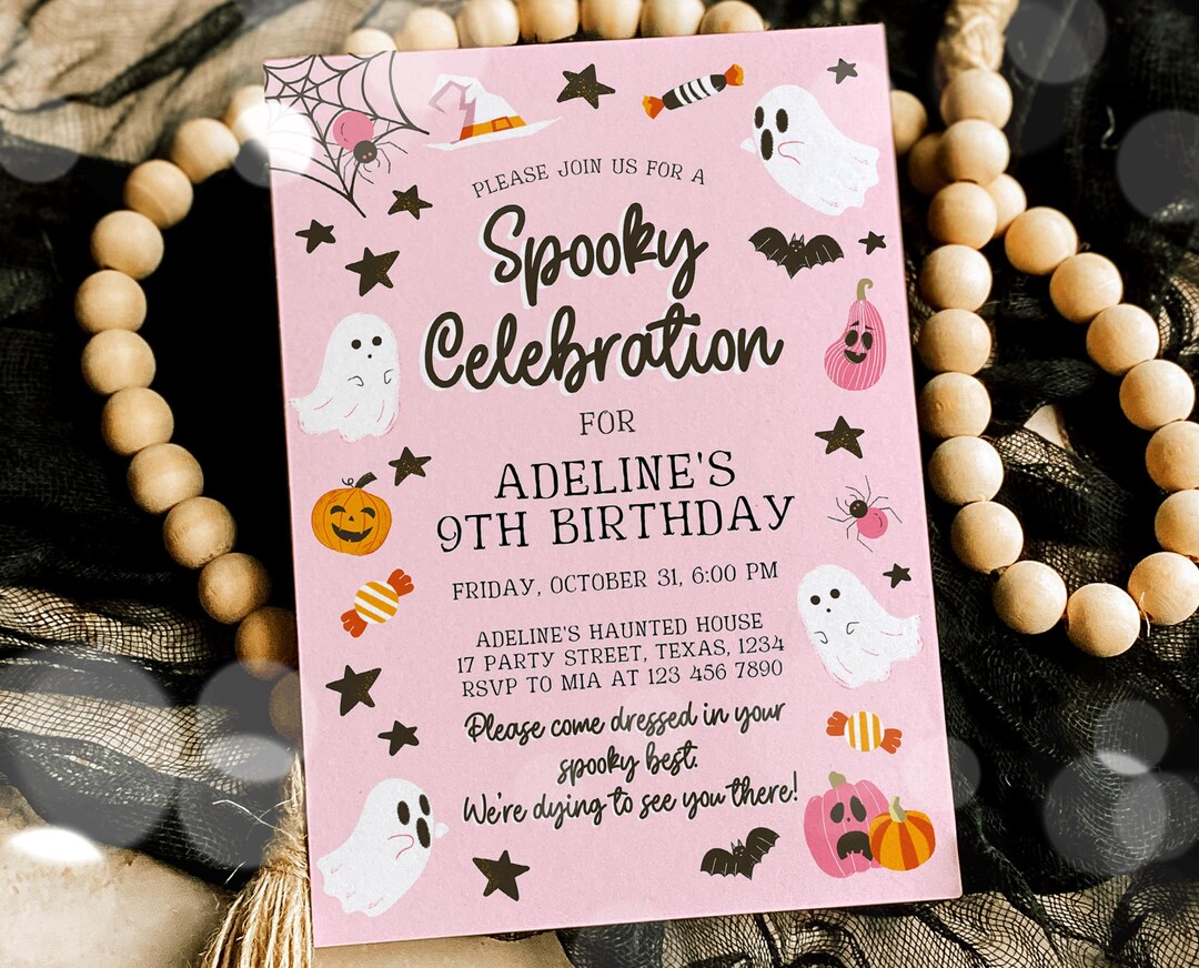 Editable Pink Halloween Birthday Invitation Halloween Costume Etsy