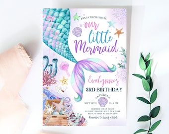 Our Little Mermaid Birthday Invitation Template, Mermaid Birthday Party, Printable Mermaid Birthday Invite, Mermaid Invitation Template