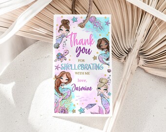 Etiqueta de regalo de cumpleaños de sirena editable, etiquetas de agradecimiento de cumpleaños de sirena, decoración de mesa de cumpleaños de sirena con brillantina, decoración de fiesta bajo el mar
