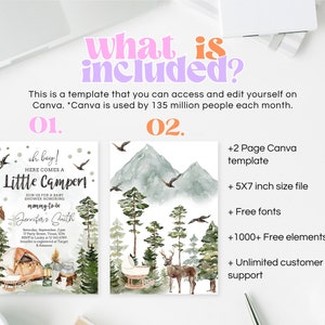 May include: A digital download for a baby shower invitation template. The template features a watercolour illustration of a woodland scene with a baby cot, a deer, and trees. The text "oh boy! Here comes a Little Camper!" is featured on the invitation. The template is available in two pages and is 5x7 inches.